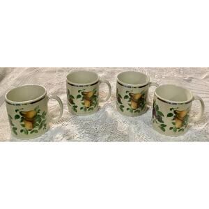 4 Oneida Sakura Coffee Mugs Fruit Apples Pears Grapes Sonoma Excell Stoneware